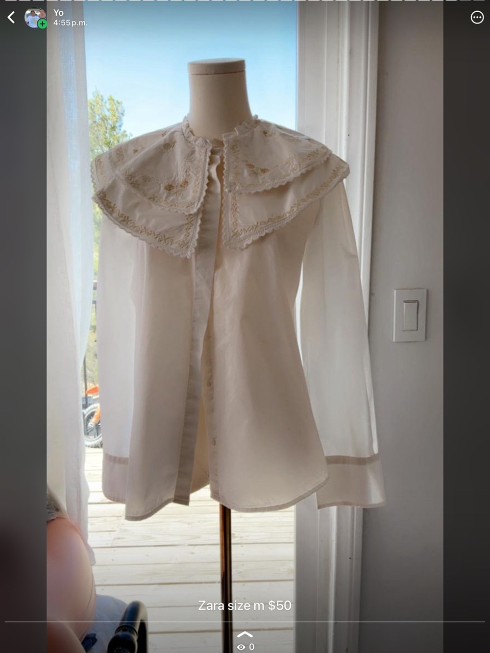 Zara Cream Embroidered Double Peter Pan Collar Blouse